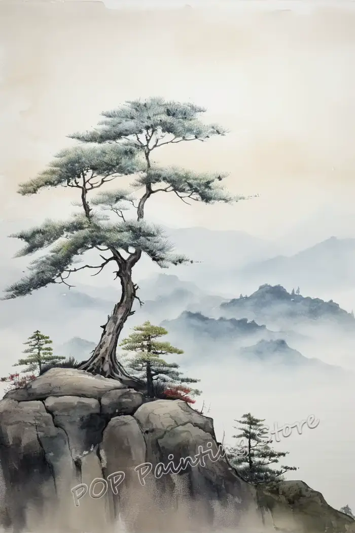 Peinture à l'encre japonaise paysage aquarelle minimaliste toile affiche montagne rivière oiseau pho