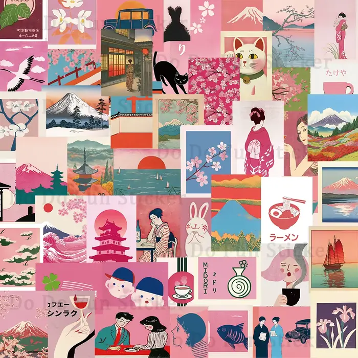 Autocollants d'art esthétique japonais rétro rose