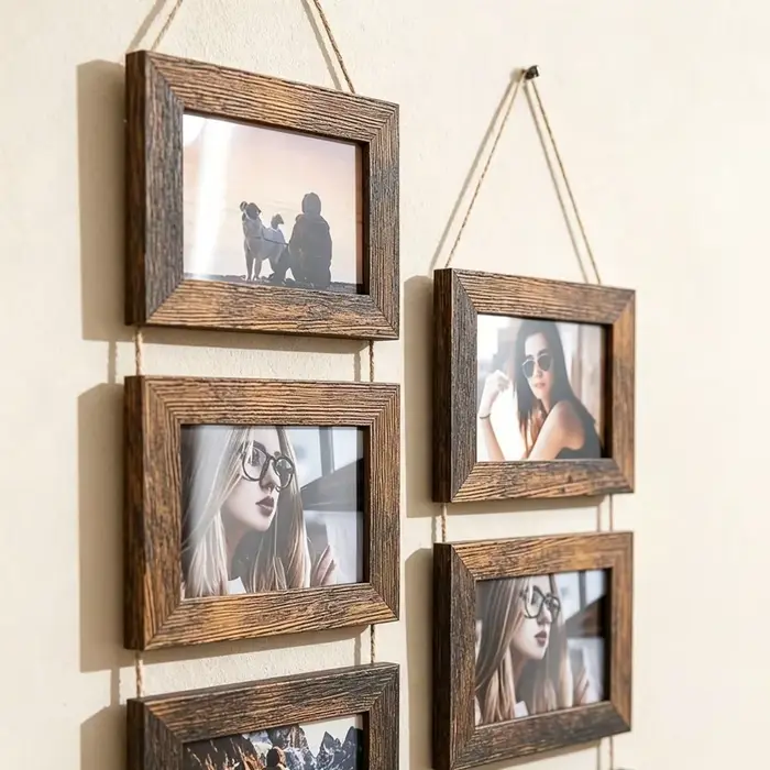 Collage de cadres photo muraux vintage en bois avec corde de chanvre, idéal pour la décoration murale des salons, chambres et dortoirs
