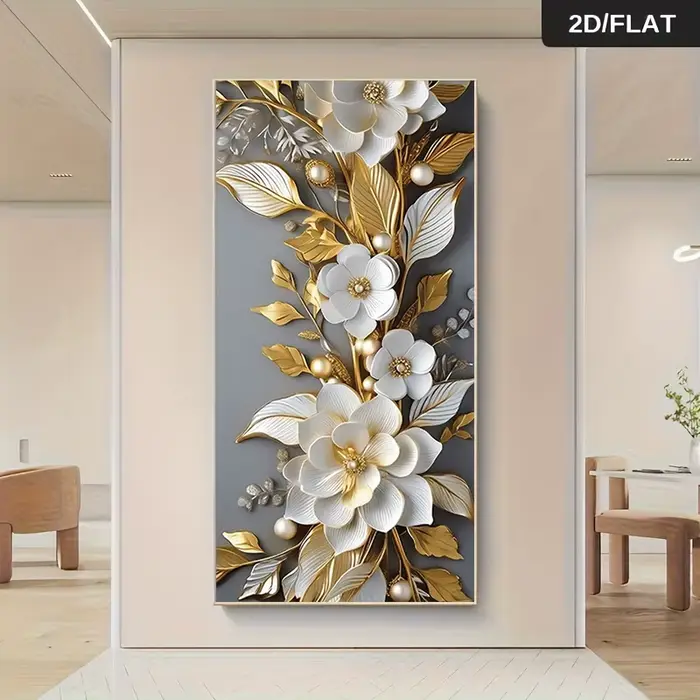 1 peinture sur toile moderne et luxueuse avec des fleurs dorées et blanches