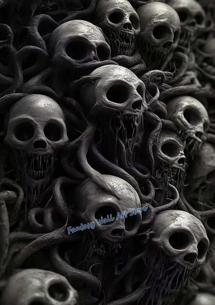 Affiche de crâne effrayant et hurlant, Portrait de crâne de l'université sombre, affiche de fantaisi