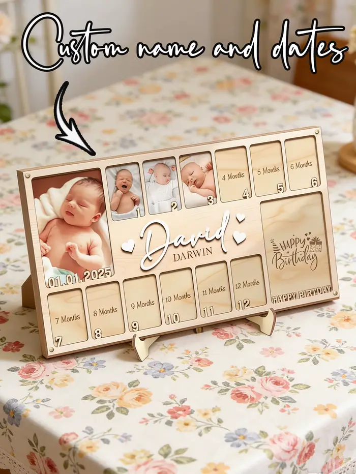 Cadre photo en bois personnalisé pour bébé, avec nom et date, plaque de photos mensuelle pour les étapes importantes, souvenir de la maternité pour nouveau-né