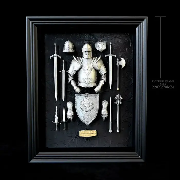 Cadre photo en résine époxy fait main et peint à la main, représentant une armure de chevalier médiéval anglais-français, décoration de bureau et de maison