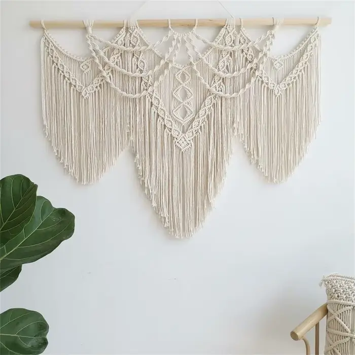 Grande tapisserie murale suspendue en macramé avec bâton en bois, rideau à pampilles bohème tissé à
