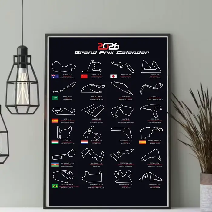 Affiche et impression du calendrier des Grand Prix de Formule 1 de la saison 2026