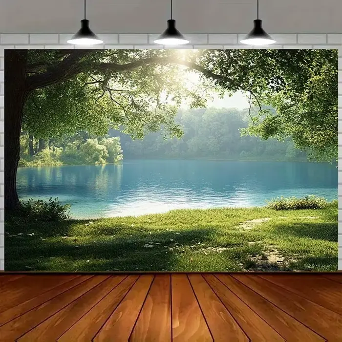 Peinture de paysage de lac serein - Fond d'écran avec arbre vert