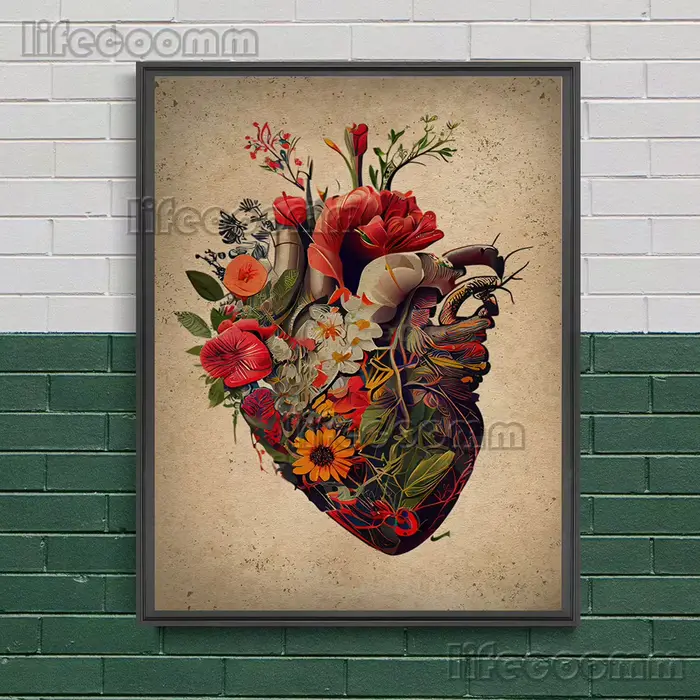 Coeur plein de fleurs, peinture sur toile d'art mural abstrait