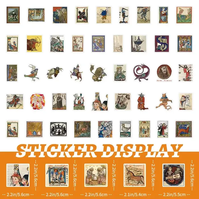 50 autocollants rétro à motifs d'art médiéval pour DIY, téléphone, ordinateur portable, bagages, skateboard, graffiti – Amusants pour enfants, jouets, cadeaux de fête