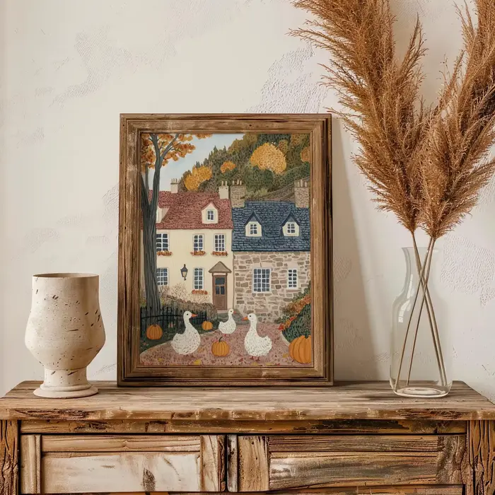 Automne Village impression ferme décor mur Art canard avec citrouille téléchargement numérique