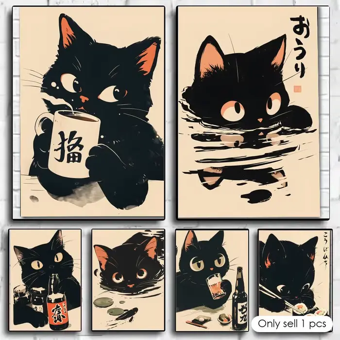 Affiche rétro mignonne de chat noir, décoration murale pour chambre, autocollants imperméables pour la maison, le bar, la chambre à coucher