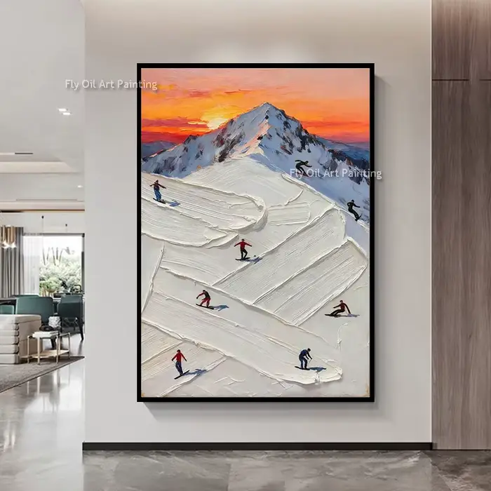 Conception Simple peint à la main blanc Art montagnes enneigées peinture à l'huile épaisse abstraite montagne personnes ski toile œuvre décoration murale