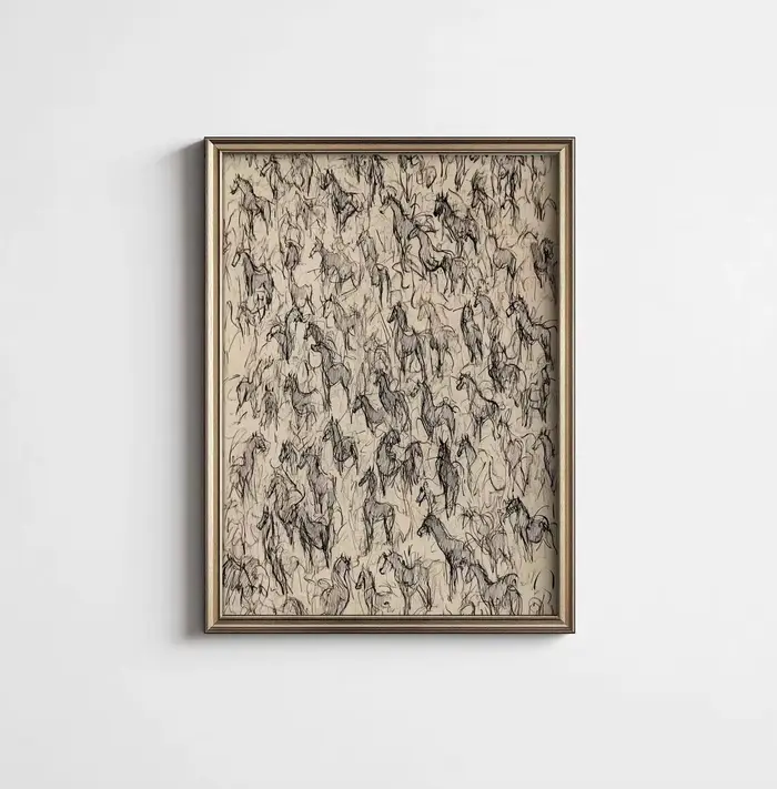 Affiche murale imprimable avec croquis de chevaux sauvages, impression artistique équestre minimalis