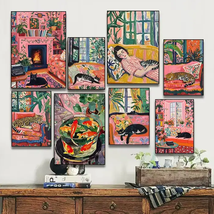 Affiche d'art chat noir léopard couché canapé toile peinture impression mur salon décor à la maison femme