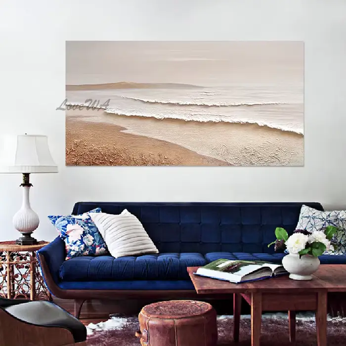 Grande toile d'art, peinture à l'huile de paysage de bord de mer faite à la main