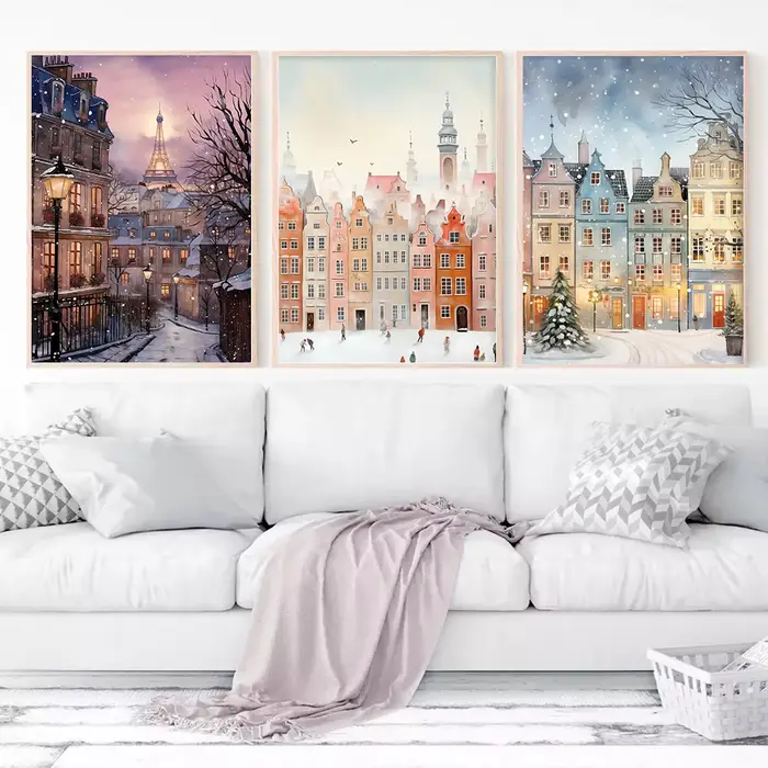 À Paris maison de neige arbre de noël ville enneigée mode mur Art toile peinture nordique affiche décor romantique hiver