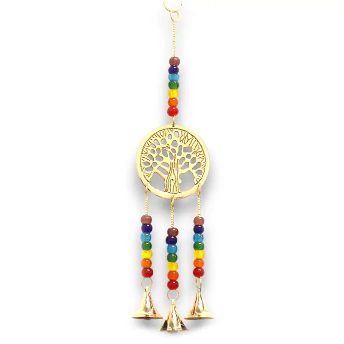 Indian Chimes - Brass Tree of Life with Chakra Beads - 3 Bells - 6.5x31cm