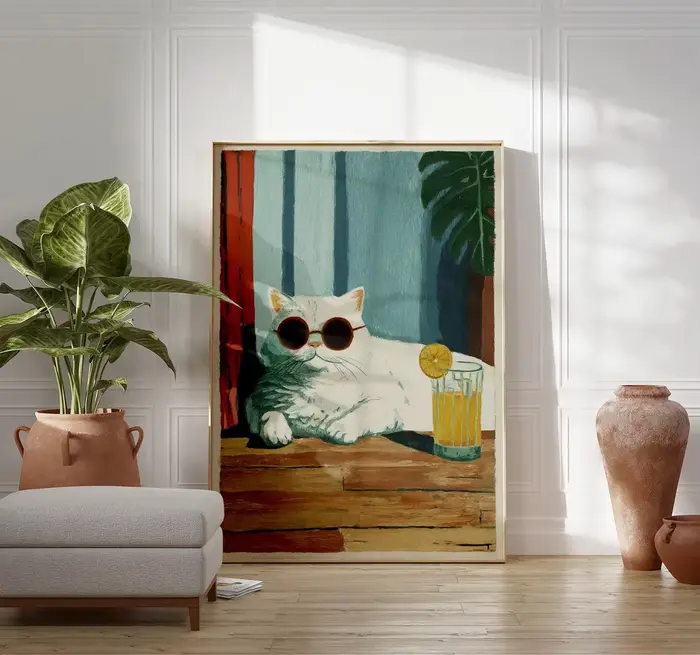 Affiche Cool Cat Lemonade | Illustration d'un chat blanc avec des lunettes de soleil | Impression artistique Summer Cat