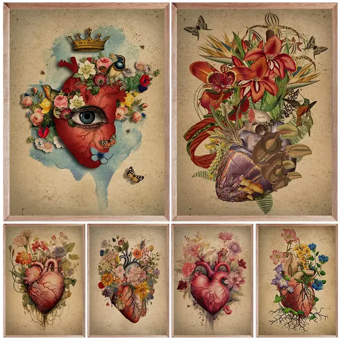Coeur plein de fleurs, peinture sur toile d'art mural abstrait