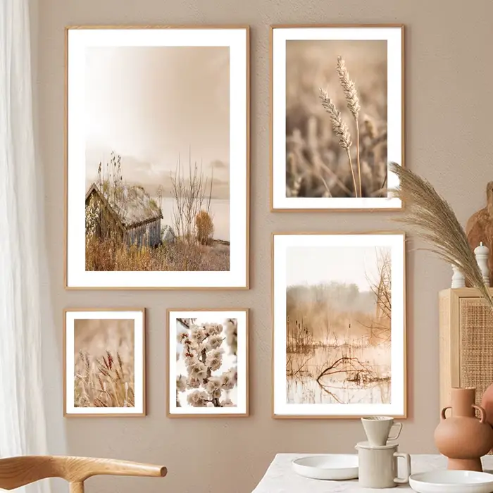 Affiche d'automne naturelle, coucher de soleil, maison dans les arbres, herbe, roseau, blé, peinture sur toile, art mural, impression, images, décoration de salon, décoration de la maison