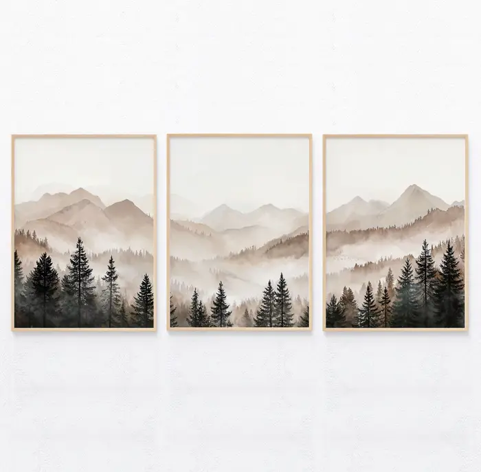 Triptyque d'art abstrait Forêt et Montagnes, impressions de paysages brumeux minimalistes et moderne