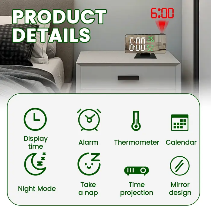 Réveil numérique LED, horloge de projection avec 180 ° Miroir de projecteur rotatif