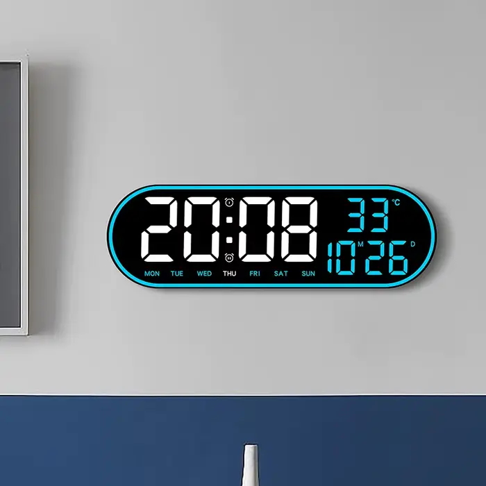 Grande horloge murale numérique de 15 pouces, horloge électronique LED avec cadre coloré, affichage de la température, de la Date, de la semaine, Snooze, double réveil