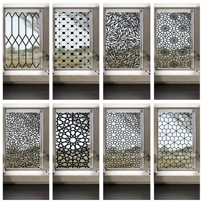 Film de Vitrail Transparent, Autocollant en Verre, Style Fer, Ligne Noire, Porte de Bureau, Anticollision, Décoration de Maison