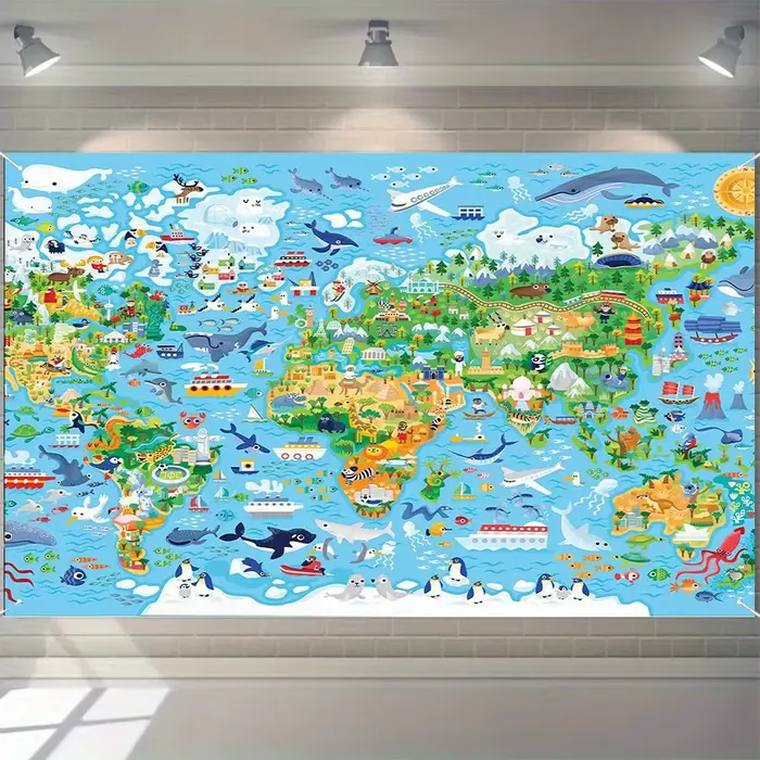 Un fond de carte du monde vif avec des animaux et des planètes de dessin animé – adapté à la décorat