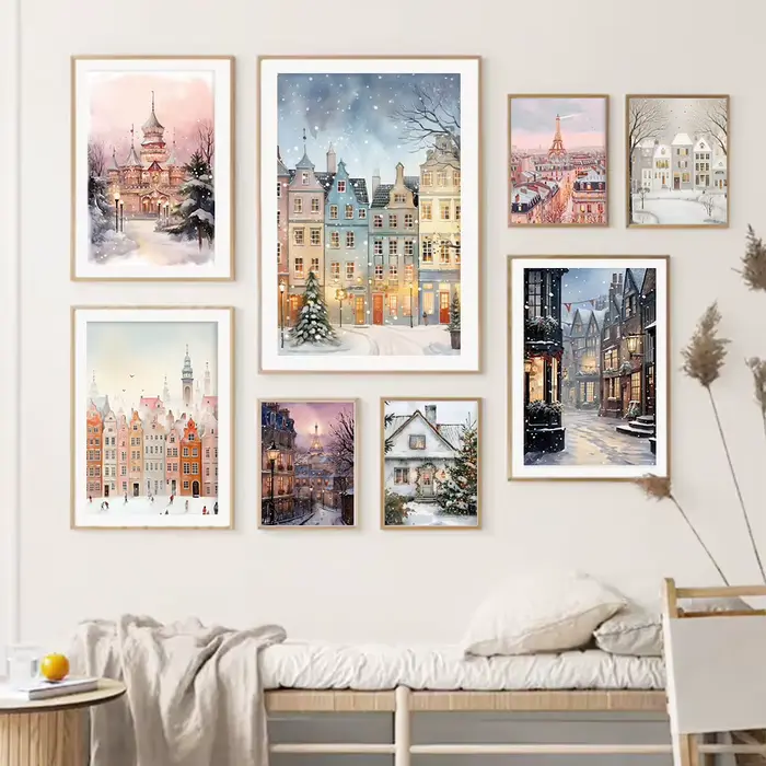 À Paris maison de neige arbre de noël ville enneigée mode mur Art toile peinture nordique affiche décor romantique hiver