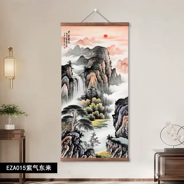 Collection de peintures murales chinoises sur rouleau ; Soleil levant ; Qi violet venant de l'Est ; Eau courante apportant la richesse ; Décoration murale