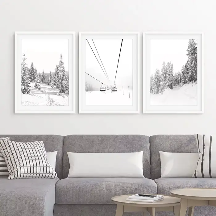 Impressions d'hiver ensemble d'impression noir et blanc de 3 décor d'art mural affiche nordique imprimé forêt de neige