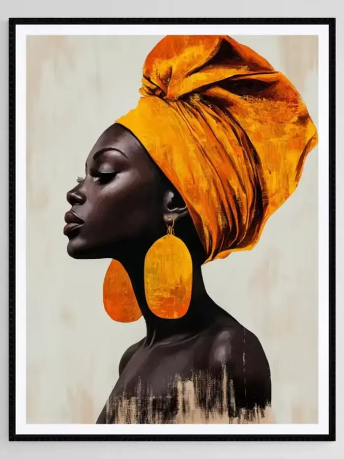 Portrait de femme africaine : Impression artistique avec foulard jaune, Décoration murale afrocentri