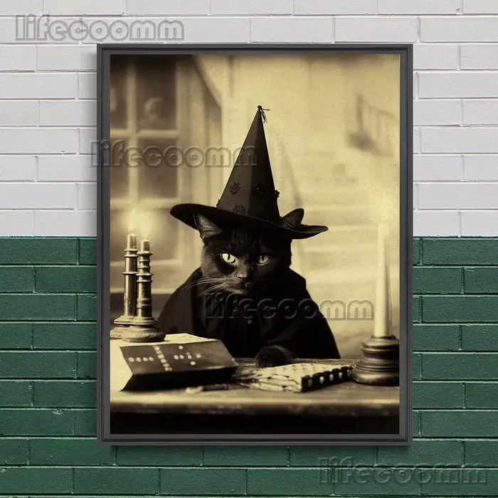 Peinture sur toile d'art mural antique de chat noir de sorcière