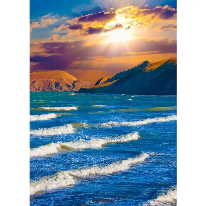 Affiche de paysage naturel de mer d'été moderne, coucher de soleil, bel paysage marin côtier, peintu