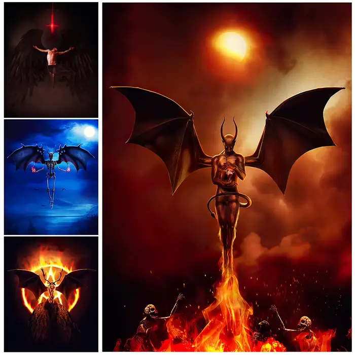 Toile d'art mural Vintage, l'ange déchu, Beelzebub et le crâne de démon, peinture d'ange du démon, affiche d'art et décor de dôme imprimé