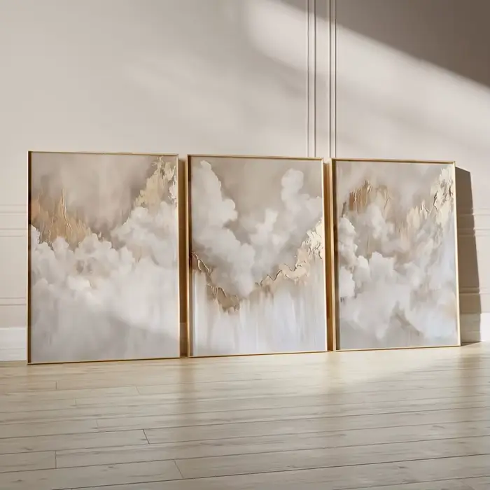 Lot de 3 impressions triptyques d'art beige, art mural moderne abstrait nuage doré, œuvre d'art douc