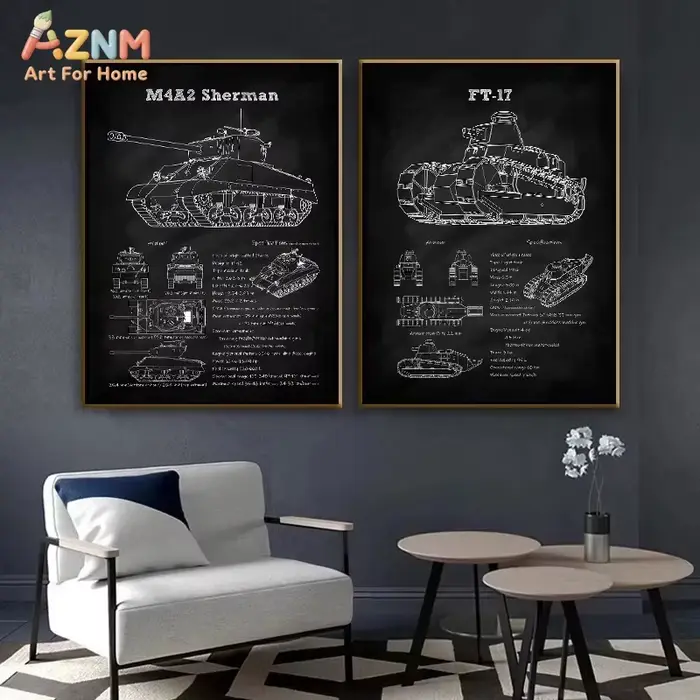 Affiche noire avec dessin technique de chars