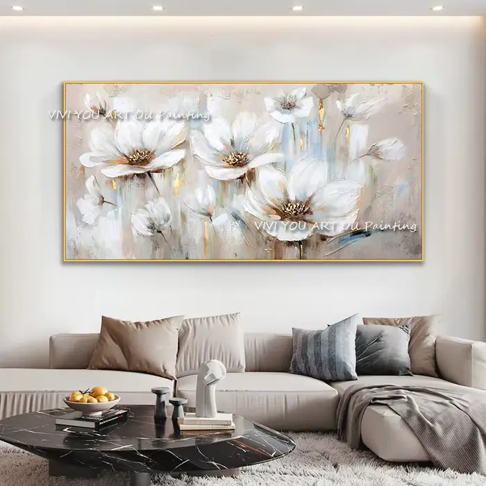 Peinture à l'huile abstraite sur toile dorée et blanche, fleurs blanches peintes à la main, art mura