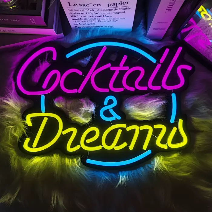 Enseigne néon « Cocktails & Rêves » pour chambre, bar à cocktails, hôtel, fête, club, bureau, décora
