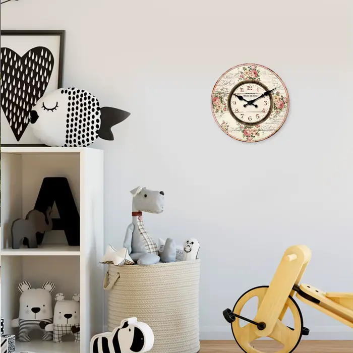 Français Romantique Marseille Rose Bouquet Modèle Horloge murale en bois Salon Chambre Cuisine Décoration de la maison Horloge murale Horloge à quartz silencieuse Cadeau de vacances 10 pouces 12 pouce