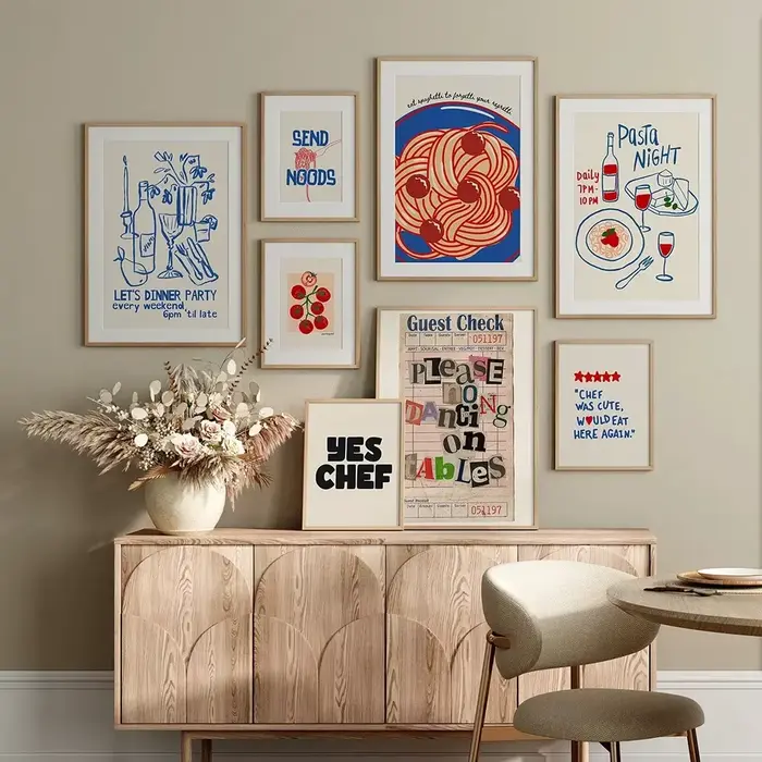 Toile d'art mural avec nouilles au fromage et vin