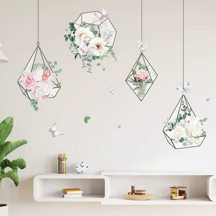 Autocollant Mural panier suspendu fleurs fraîches