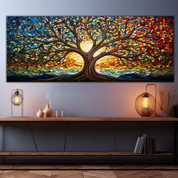 Peinture sur toile en verre mosaïque colorée, toile d'art d'arbre de vie imprimée, cadeau de mythologie, pour salon, bureau, décoration de la maison