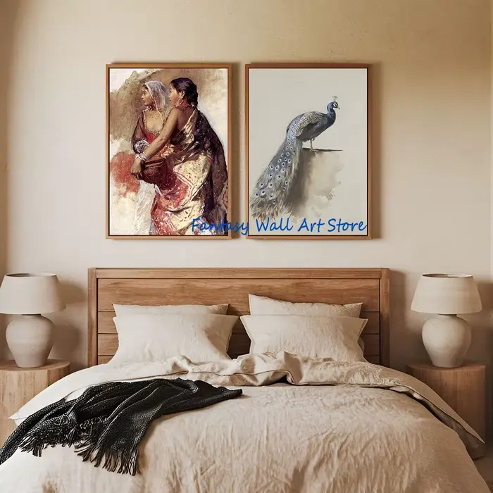 Peinture sur toile vintage de paysage urbain indien antique avec paon et Taj Mahal