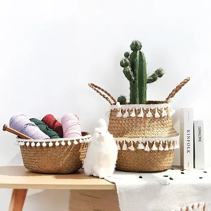 Paniers de rangement en bambou faits à la main, pliables, paille à linge, Patchwork, osier, rotin, j