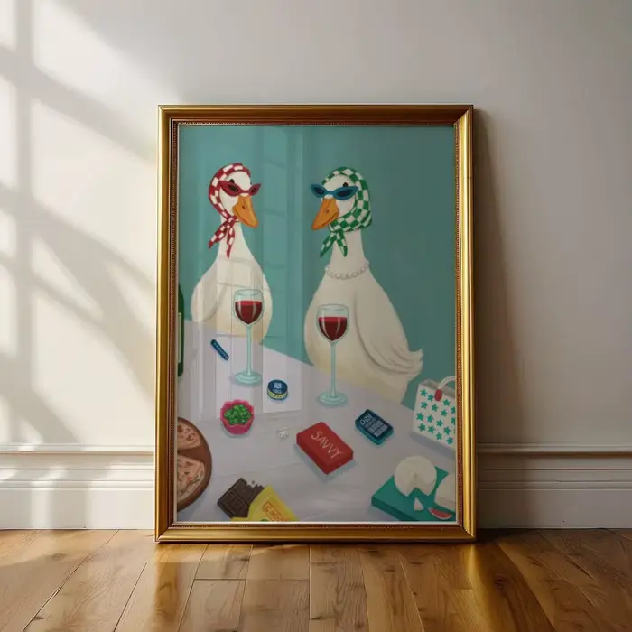 Affiche imprimable en toile d'art mural de vin de canard drôle avec une élégante scène de fromage de