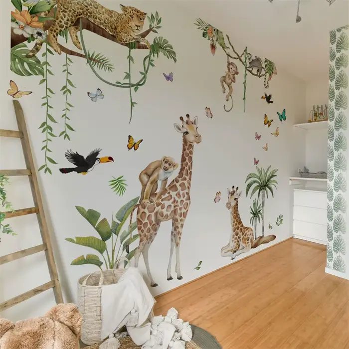 Grands autocollants muraux animaux de la forêt chambre d'enfants Jungle Safari girafe singe stickers