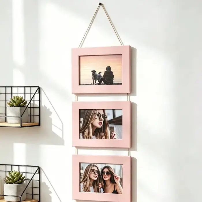 Collage de cadres photo muraux vintage en bois avec corde de chanvre, idéal pour la décoration murale des salons, chambres et dortoirs