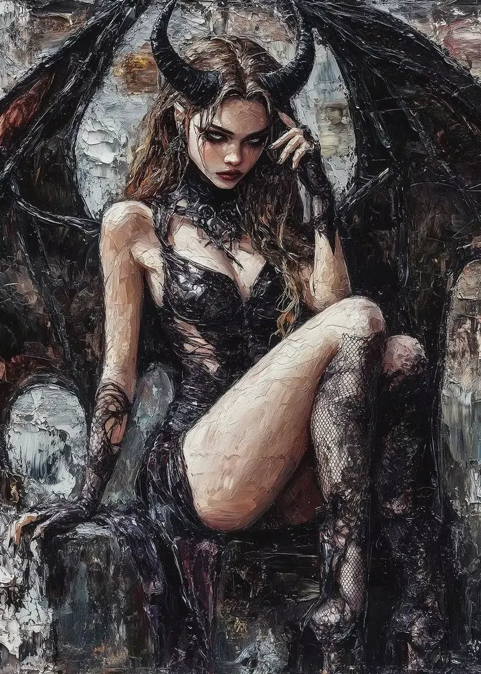 Belle déesse à cornes imprimée d'art Lilith, dieu féminin Sexy avec ailes de Dragon noir, décor de p