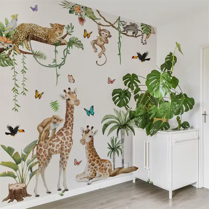 Grands autocollants muraux animaux de la forêt chambre d'enfants Jungle Safari girafe singe stickers